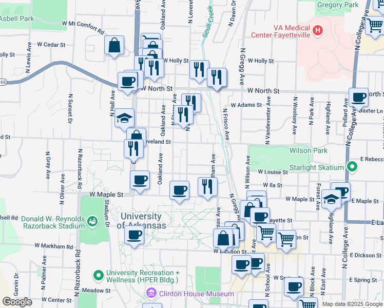 map of restaurants, bars, coffee shops, grocery stores, and more near 729 Cleveland Street in Fayetteville