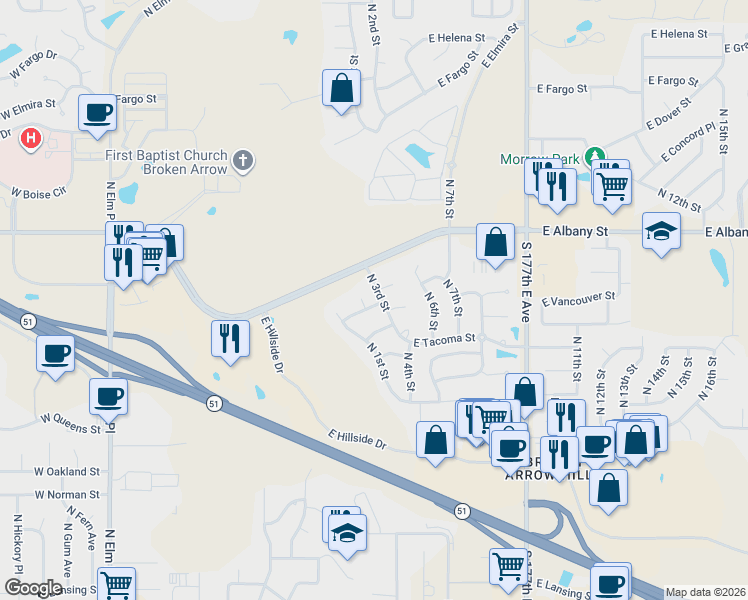 map of restaurants, bars, coffee shops, grocery stores, and more near 401 East Wichita Court in Broken Arrow