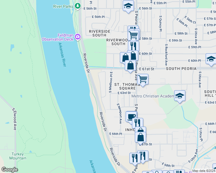 map of restaurants, bars, coffee shops, grocery stores, and more near 982 East 61st Street in Tulsa