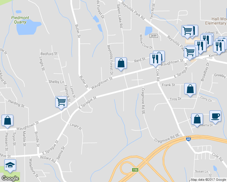 map of restaurants, bars, coffee shops, grocery stores, and more near 2377 East Sprague Street in Winston-Salem