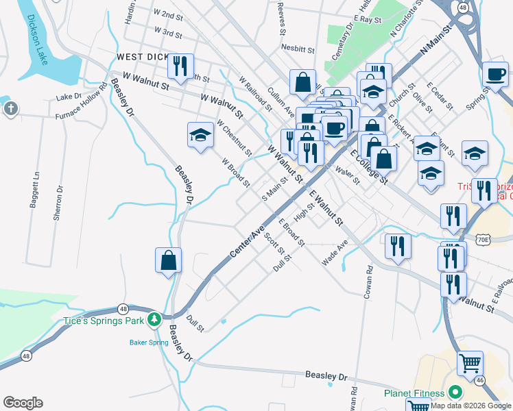 map of restaurants, bars, coffee shops, grocery stores, and more near 400 South Main Street in Dickson