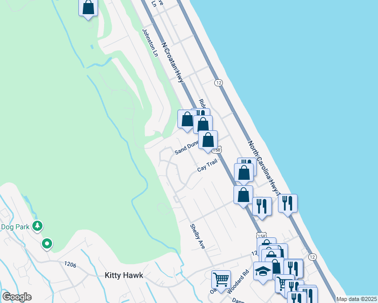 map of restaurants, bars, coffee shops, grocery stores, and more near 204 Angler Way in Kitty Hawk