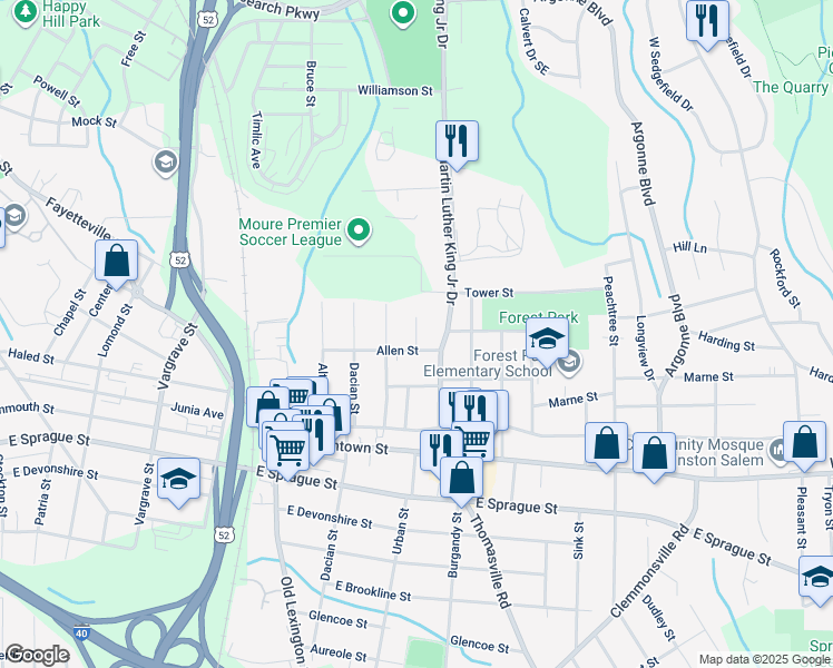map of restaurants, bars, coffee shops, grocery stores, and more near Dew Avenue in Winston-Salem