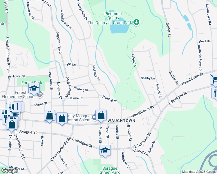 map of restaurants, bars, coffee shops, grocery stores, and more near 1660 Marble Street in Winston-Salem