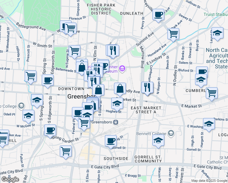 map of restaurants, bars, coffee shops, grocery stores, and more near 113 North Church Street in Greensboro
