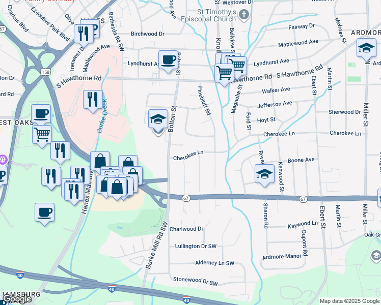 map of restaurants, bars, coffee shops, grocery stores, and more near 2743 Cherokee Lane in Winston-Salem
