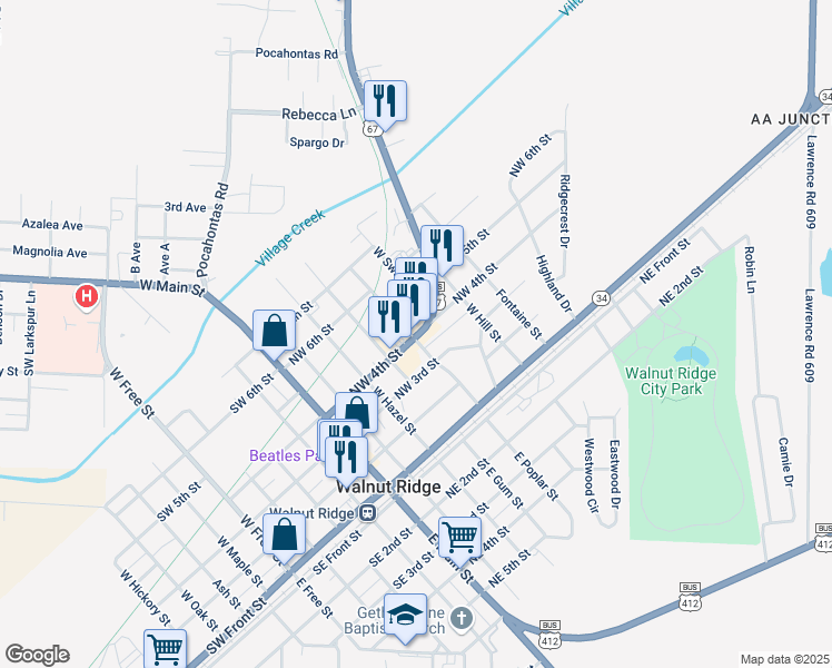 map of restaurants, bars, coffee shops, grocery stores, and more near 400-498 West Poplar Street in Walnut Ridge