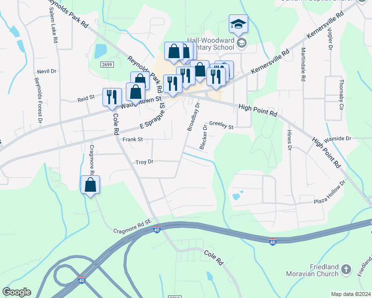 map of restaurants, bars, coffee shops, grocery stores, and more near 3002 Walsh Street in Winston Salem