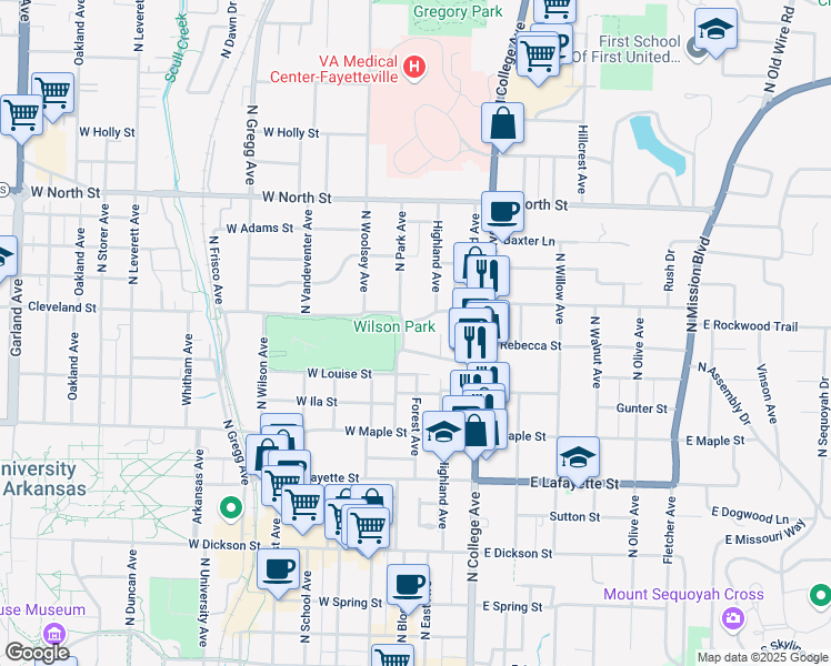 map of restaurants, bars, coffee shops, grocery stores, and more near 15 West Prospect Street in Fayetteville