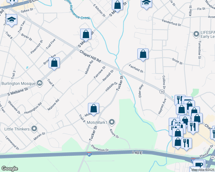 map of restaurants, bars, coffee shops, grocery stores, and more near 1913 Hilldale Drive in Burlington