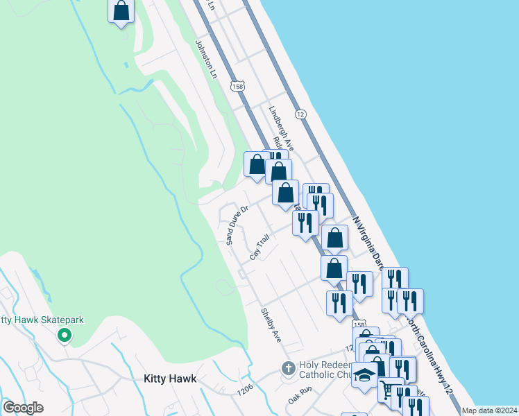 map of restaurants, bars, coffee shops, grocery stores, and more near 204 Angler Way in Kitty Hawk