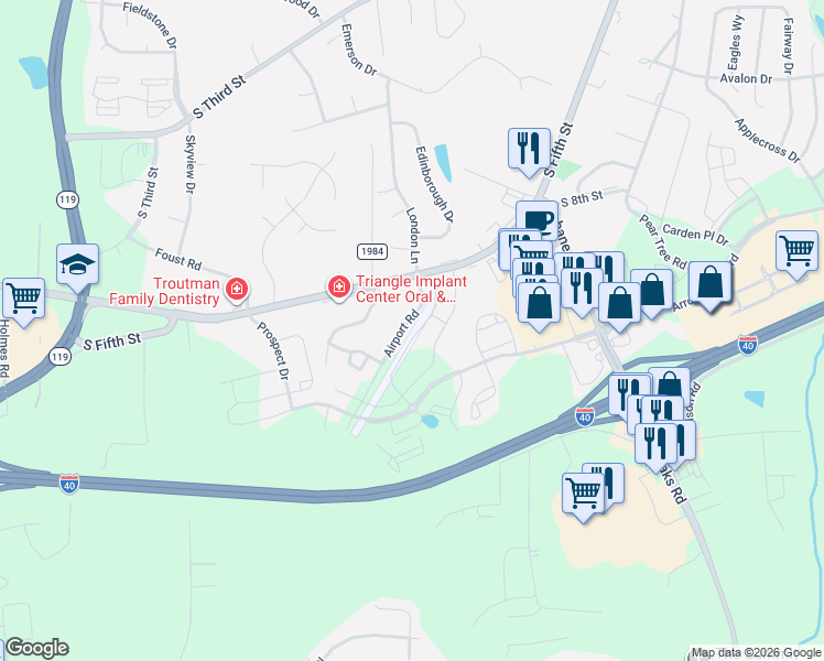 map of restaurants, bars, coffee shops, grocery stores, and more near 809 Socata Lane in Mebane