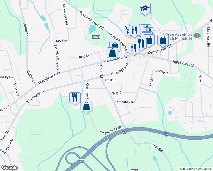 map of restaurants, bars, coffee shops, grocery stores, and more near 2317 Cole Road in Winston-Salem