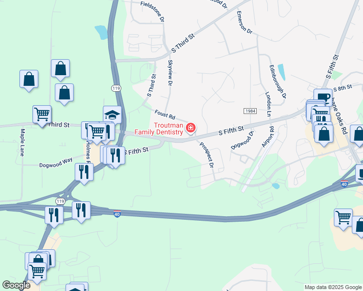 map of restaurants, bars, coffee shops, grocery stores, and more near 1209 South Fifth Street in Mebane
