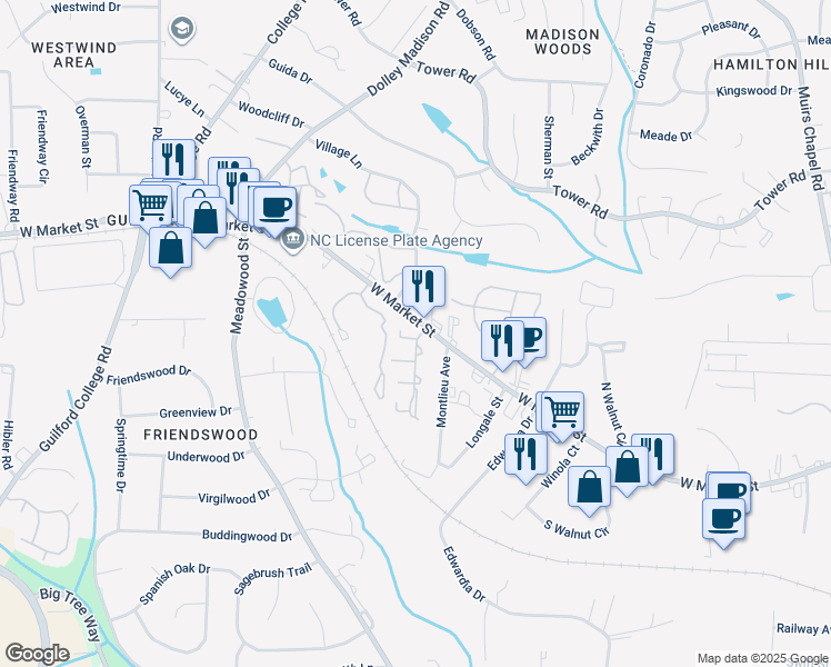 map of restaurants, bars, coffee shops, grocery stores, and more near 2 Hiltin Place in Greensboro