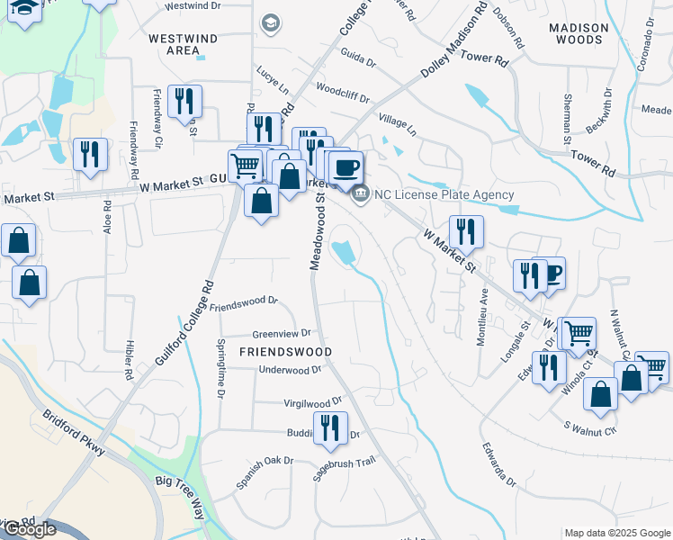 map of restaurants, bars, coffee shops, grocery stores, and more near 129 Shadow Lake Drive in Greensboro
