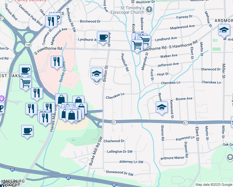 map of restaurants, bars, coffee shops, grocery stores, and more near 2743 Cherokee Lane in Winston-Salem