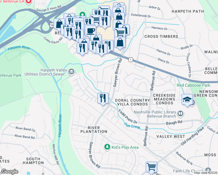 map of restaurants, bars, coffee shops, grocery stores, and more near 201 Plantation Court in Nashville