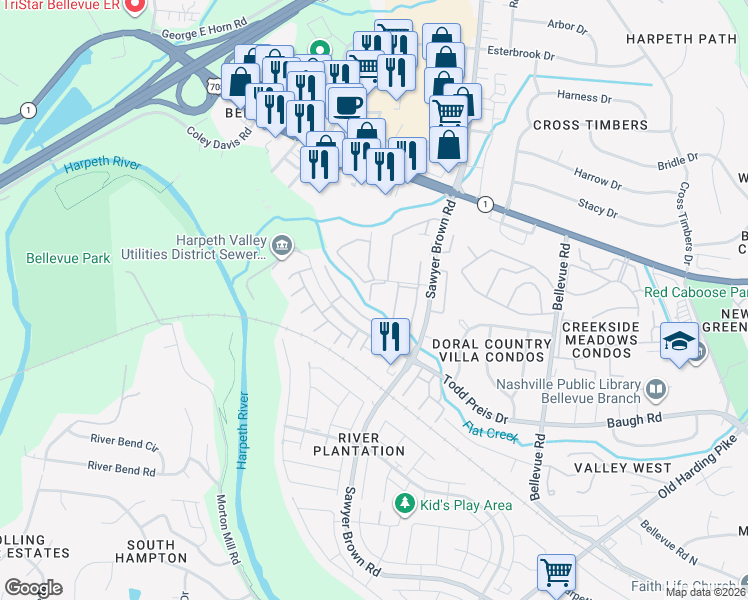 map of restaurants, bars, coffee shops, grocery stores, and more near 401 Plantation Court in Nashville