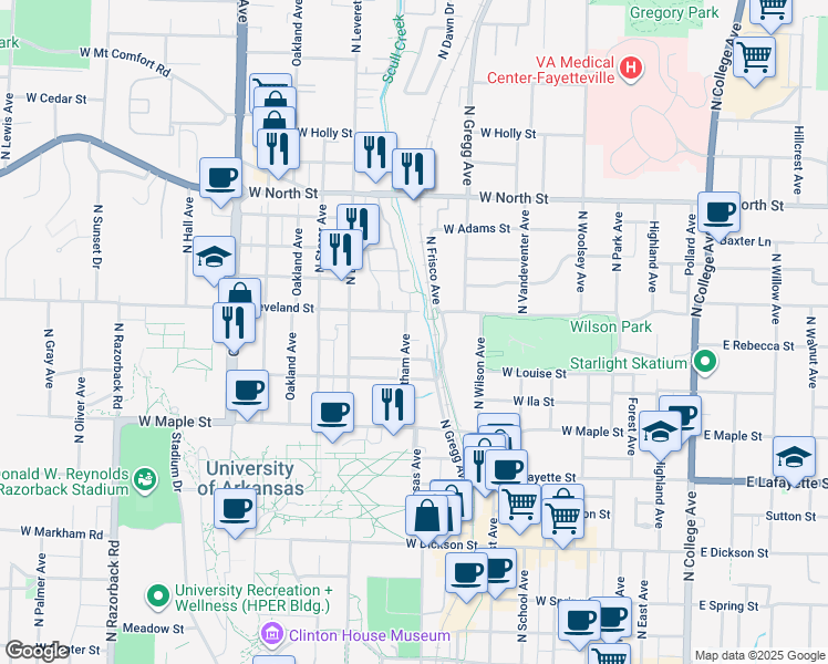 map of restaurants, bars, coffee shops, grocery stores, and more near 660 Whitham Avenue in Fayetteville