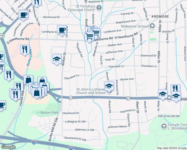 map of restaurants, bars, coffee shops, grocery stores, and more near 2618 Cherokee Lane in Winston-Salem