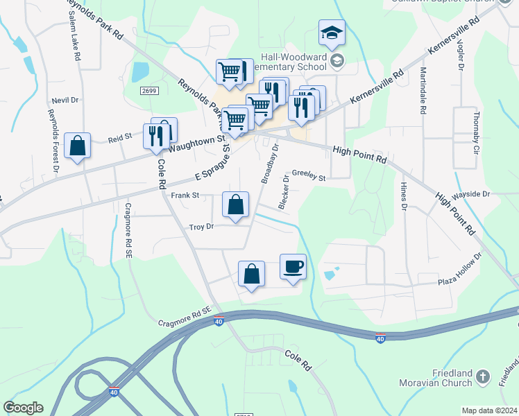 map of restaurants, bars, coffee shops, grocery stores, and more near 3002 Walsh Street in Winston Salem