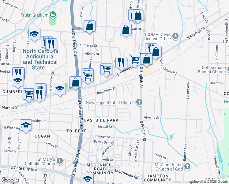 map of restaurants, bars, coffee shops, grocery stores, and more near 201 Bingham Street in Greensboro