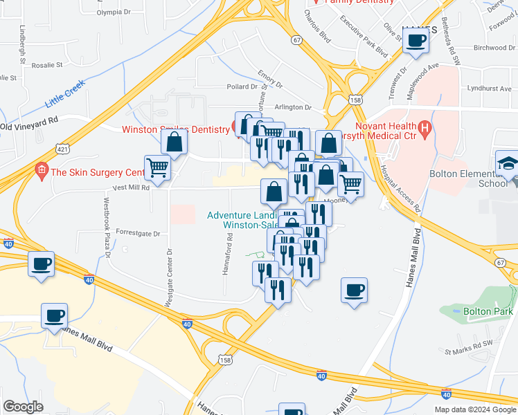 map of restaurants, bars, coffee shops, grocery stores, and more near 3512 Vest Mill Road in Winston-Salem