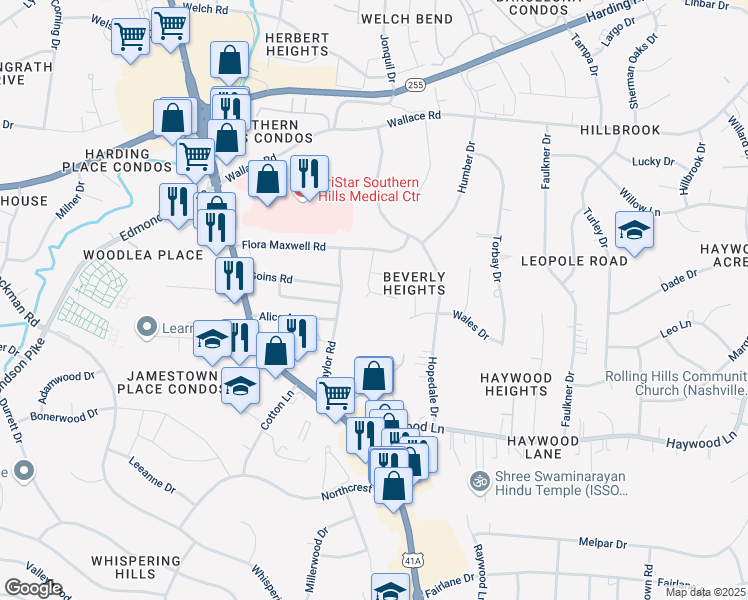 map of restaurants, bars, coffee shops, grocery stores, and more near 201 Hopewood Court in Nashville