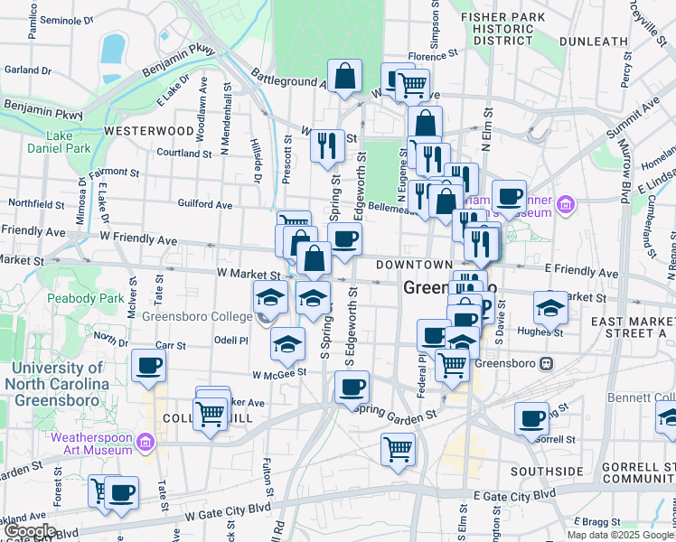 map of restaurants, bars, coffee shops, grocery stores, and more near 510 West Market Street in Greensboro