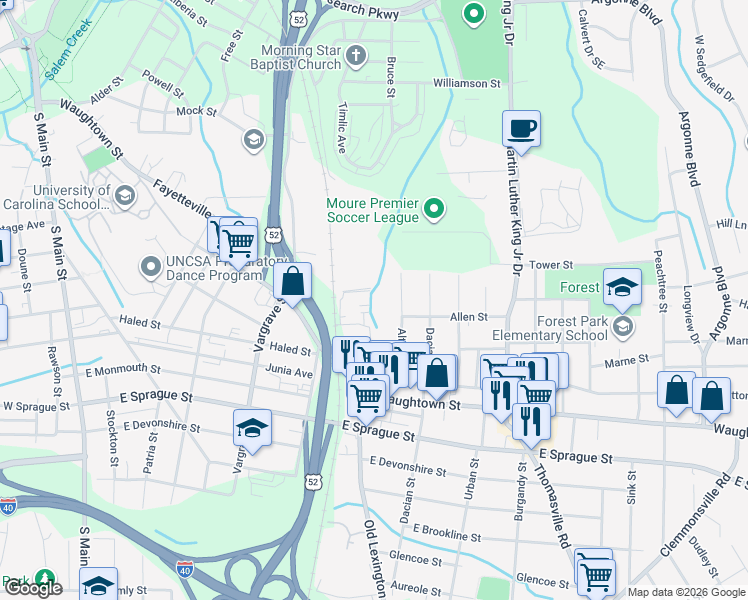 map of restaurants, bars, coffee shops, grocery stores, and more near 617 Waughtown Street in Winston-Salem