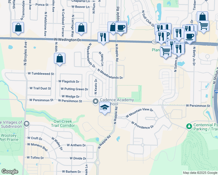 map of restaurants, bars, coffee shops, grocery stores, and more near 599 North Wordsworth Lane in Fayetteville