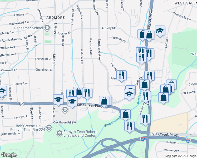 map of restaurants, bars, coffee shops, grocery stores, and more near 1270 Tredwell Drive in Winston-Salem