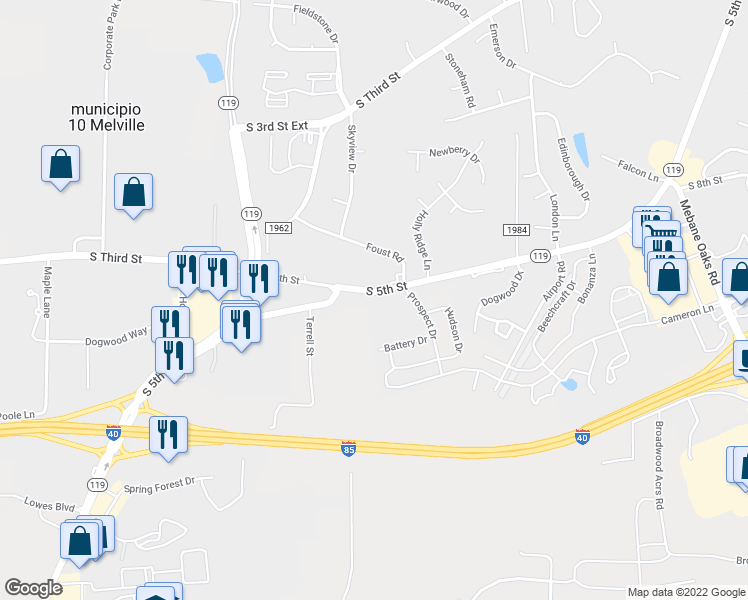 map of restaurants, bars, coffee shops, grocery stores, and more near 1209 South Fifth Street in Mebane