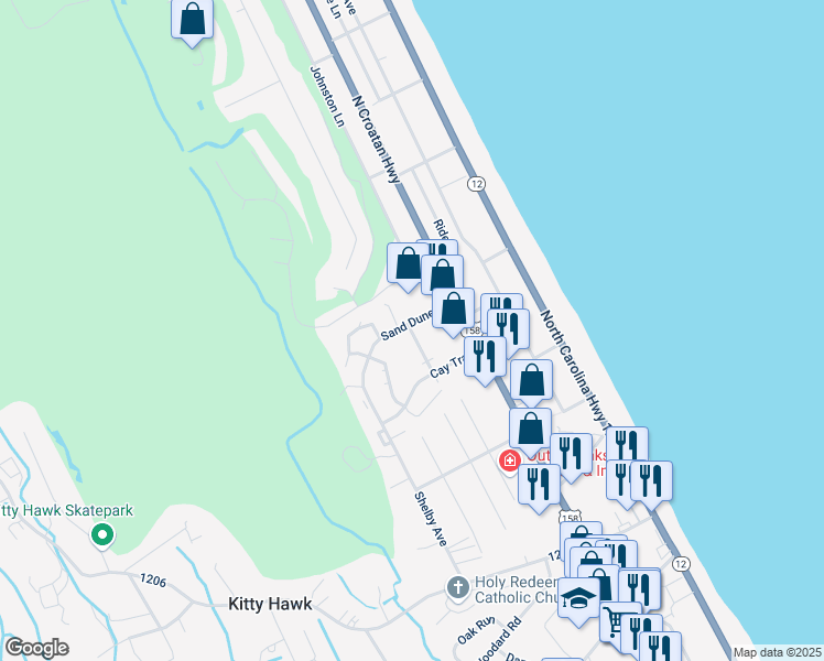 map of restaurants, bars, coffee shops, grocery stores, and more near 1600 Sand Dollar Circle in Kitty Hawk