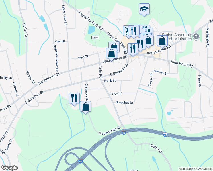 map of restaurants, bars, coffee shops, grocery stores, and more near 2317 Cole Road in Winston-Salem