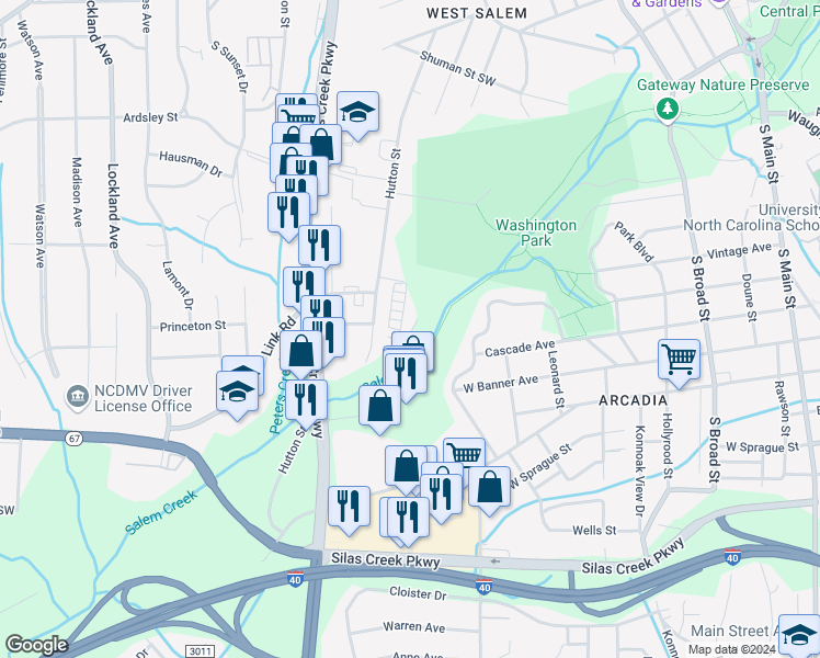 map of restaurants, bars, coffee shops, grocery stores, and more near 1111 Salem Valley Road in Winston-Salem
