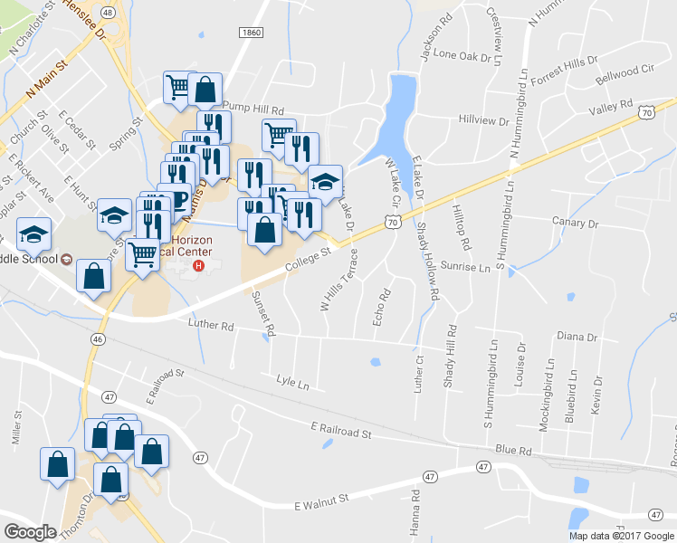 map of restaurants, bars, coffee shops, grocery stores, and more near 100 East Hills Terrace in Dickson
