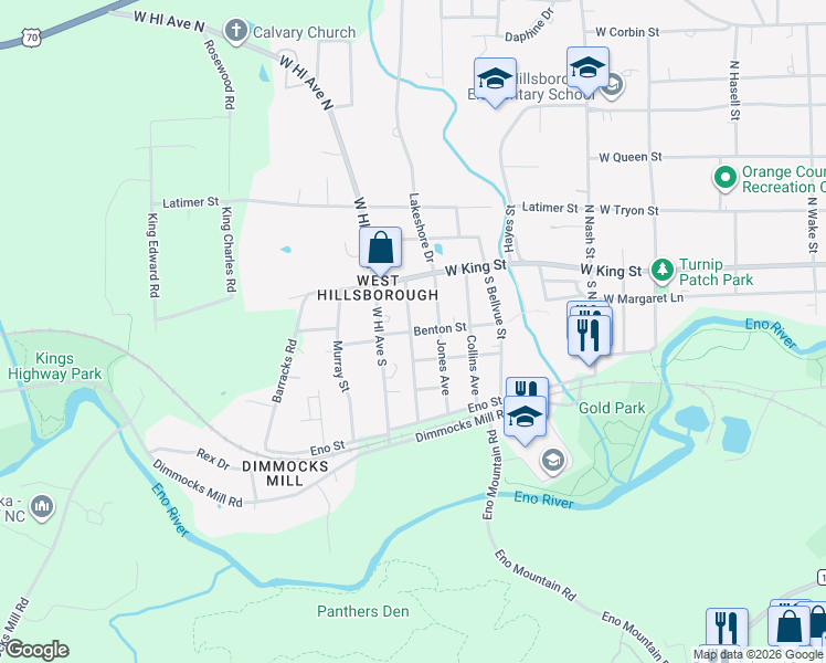 map of restaurants, bars, coffee shops, grocery stores, and more near 803 Benton Street in Hillsborough