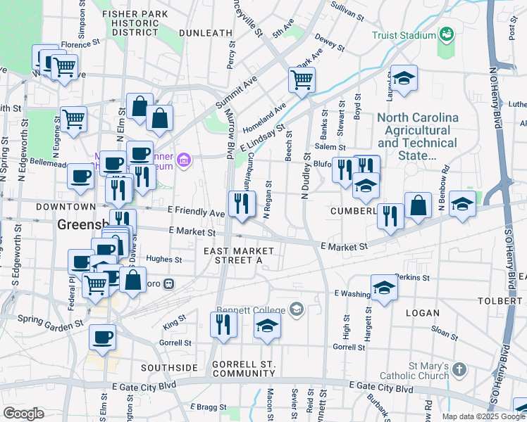 map of restaurants, bars, coffee shops, grocery stores, and more near 301 Cumberland Street in Greensboro