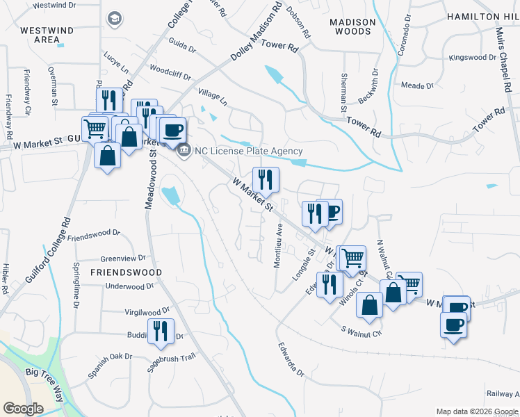 map of restaurants, bars, coffee shops, grocery stores, and more near 2 Hiltin Place in Greensboro