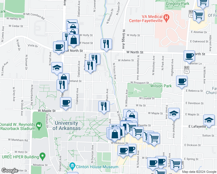 map of restaurants, bars, coffee shops, grocery stores, and more near 672 Whitham Avenue in Fayetteville