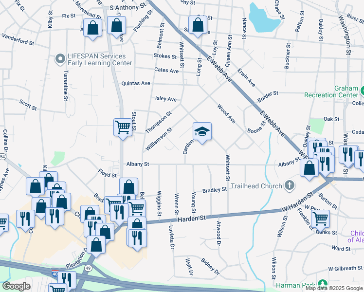 map of restaurants, bars, coffee shops, grocery stores, and more near 335 Carden Street in Burlington