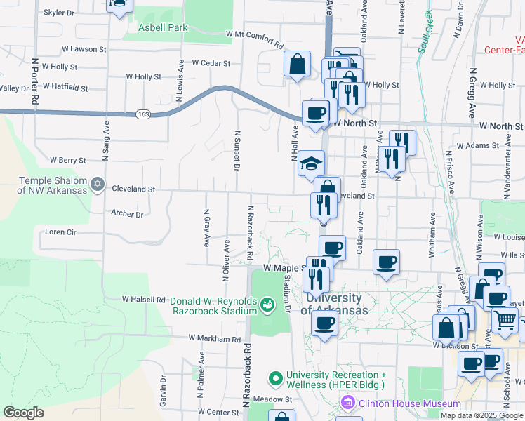 map of restaurants, bars, coffee shops, grocery stores, and more near 1263 W Cleveland Street in Fayetteville