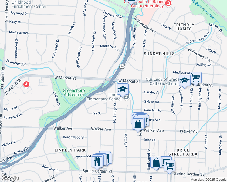 map of restaurants, bars, coffee shops, grocery stores, and more near 112 Northridge Street in Greensboro