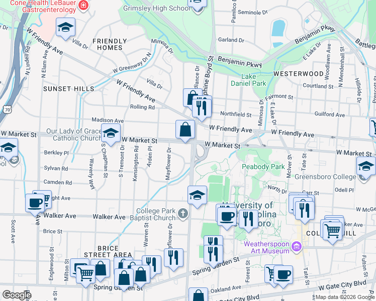 map of restaurants, bars, coffee shops, grocery stores, and more near 1701 West Market Street in Greensboro