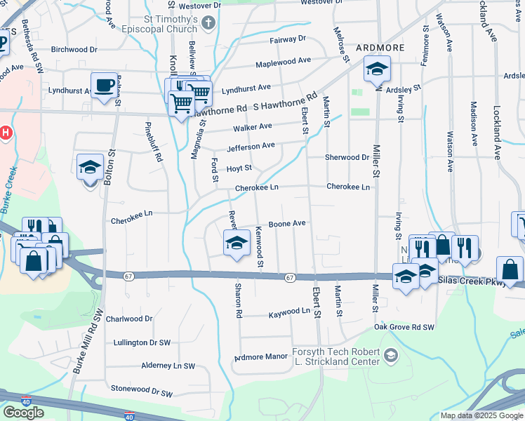 map of restaurants, bars, coffee shops, grocery stores, and more near 1321 Kenwood Street in Winston-Salem