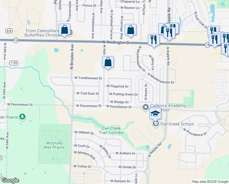 map of restaurants, bars, coffee shops, grocery stores, and more near 4545 West Flagstick Drive in Fayetteville