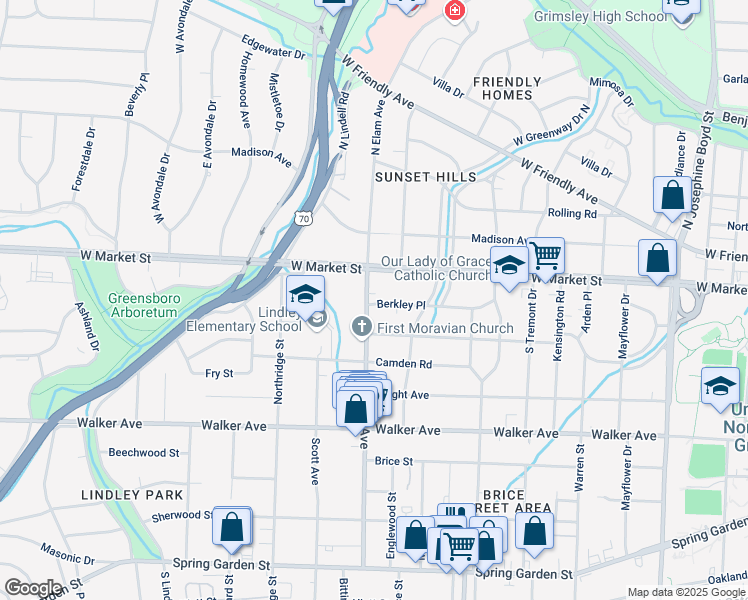 map of restaurants, bars, coffee shops, grocery stores, and more near 2514 Berkley Place in Greensboro