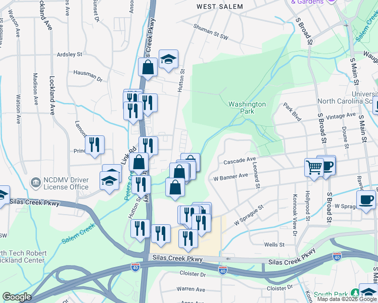 map of restaurants, bars, coffee shops, grocery stores, and more near 1111 Salem Valley Road in Winston-Salem